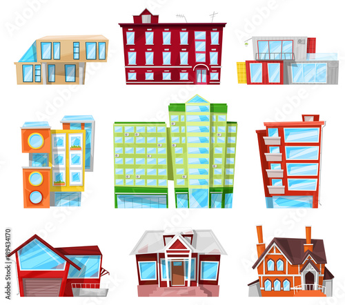 Building facade of house in cityscape vector officebuilding or apartments architectural construction of city bank or hotel and business newbuild set illustration isolated on white background