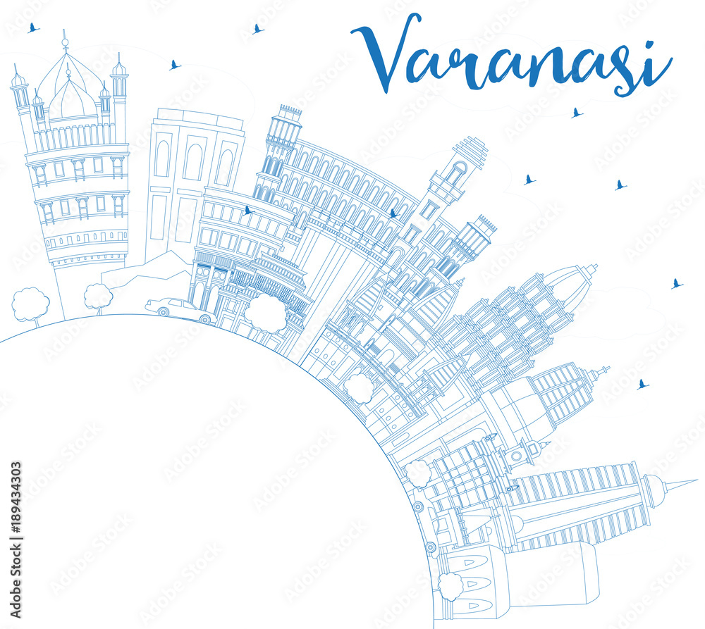 Outline Varanasi India City Skyline with Blue Buildings and Copy Space.