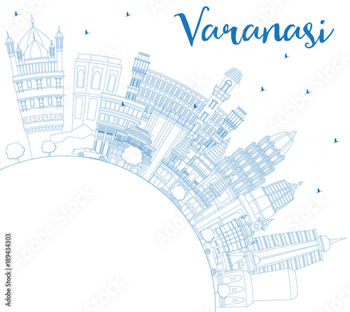 Outline Varanasi India City Skyline with Blue Buildings and Copy Space.