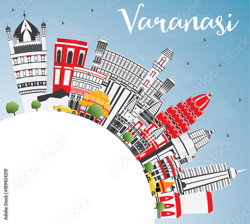 Varanasi India City Skyline with Color Buildings, Blue Sky and Copy Space.