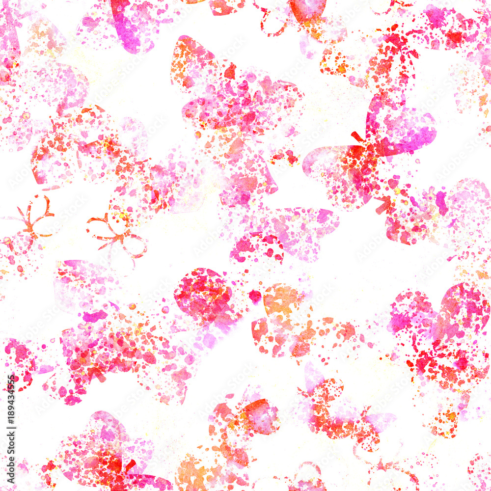 Seamless pattern with watercolor butterfly silhouettes and splashes
