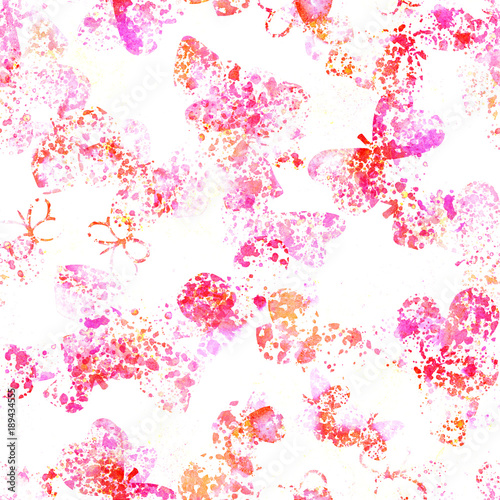 Seamless pattern with watercolor butterfly silhouettes and splashes