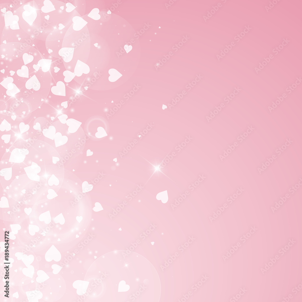 Falling hearts valentine background. Scatter left gradient on pink background. Falling hearts valentines day emotional design. Vector illustration.