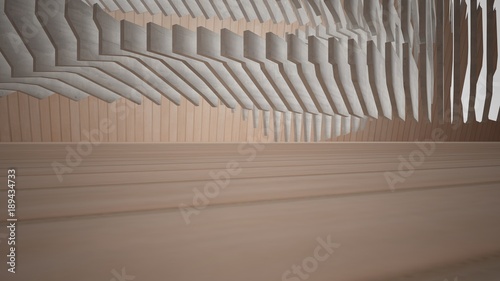 Abstract concrete and wood interior with neon lighting. 3D illustration and rendering.