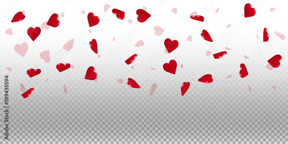 3d hearts valentine background. Wide top gradient on transparent grid light background. 3d hearts valentines day great design. Vector illustration.