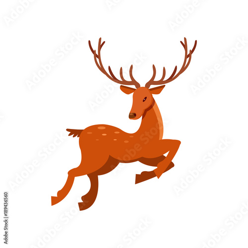 Brown spotted deer with antlers running, wild animal cartoon vector Illustration