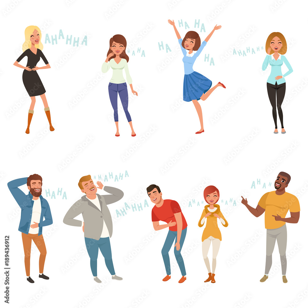Colorful icon set with loudly laughing people at funny joke. Cartoon men and women characters in casual clothes. Hahaha text. Full-length portraits. Flat vector design Colorful icon set with loudly laughing people at funny joke. Cartoon men and women characters in casual clothes. Hahaha text. Full-length portraits. Flat vector design