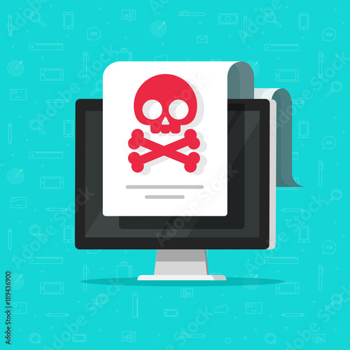 Alert notification on computer document vector flat cartoon design, malware concept, spam data doc, fraud internet error on desktop pc, insecure connection, online scam, virus attack