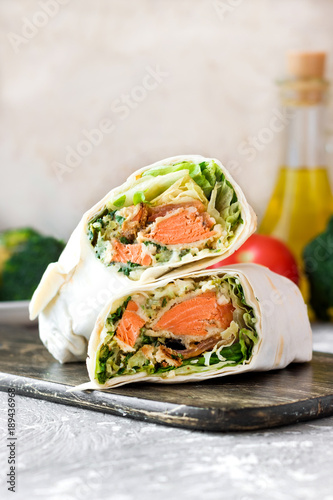 Roll with salmon in pita bread