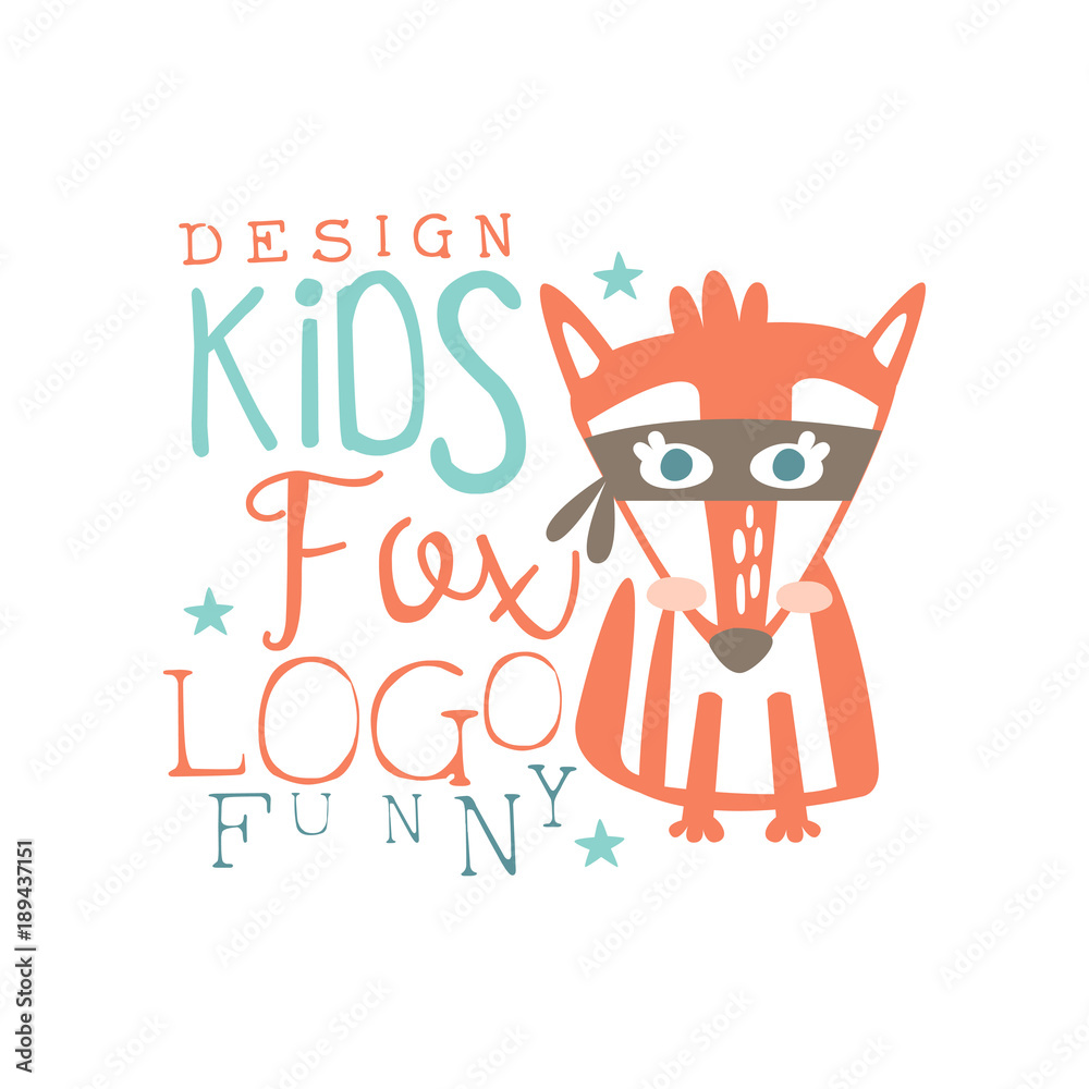 Fox logo, funny kids original design, baby shop label, fashion print for kids wear, baby shower celebration, greeting, invitation card colorful hand drawn vector Illustration