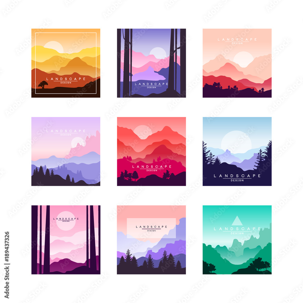 Set of beautiful flat cartoon landscapes with mountains, hills and forest. Natural theme. Vector collection of nature backgrounds with gradients.