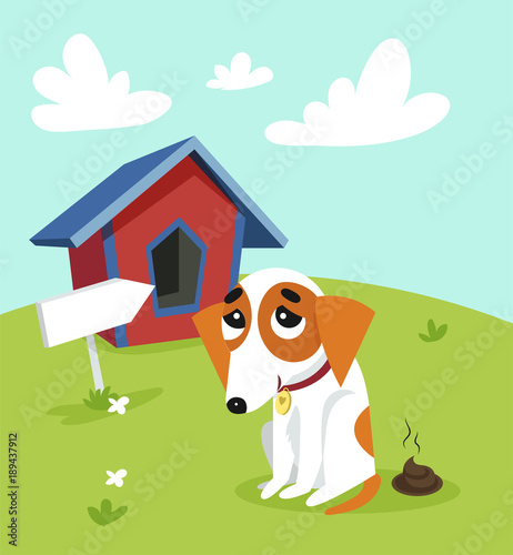 Cute jack russell terrier pooping in front of its kennel in garden on summer day vector Illustration in cartoon style