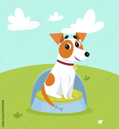 Cute jack russell terrier sitting on dogs bed in the meadow on summer day vector Illustration in cartoon style