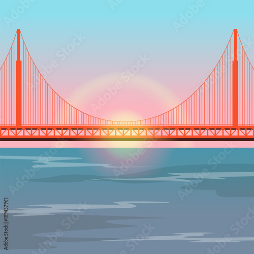 Golden Gate Bridge against the setting sun, suspension bridge over water vector illustration