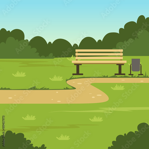 City park bench  green summer landscape  nature background vector illustration