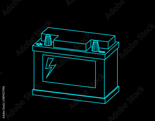 Car accumulator battery. Vector outline illustration. Dimetric projection.