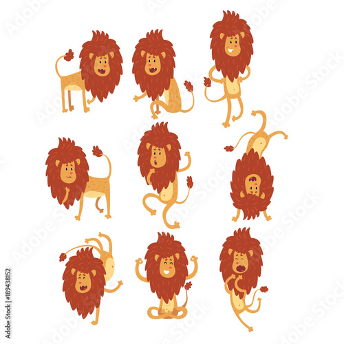 Set of funny African lion in different actions. Cartoon wild animal character. Zoo theme. Flat vector design for children s book, t-shirt print or sticker