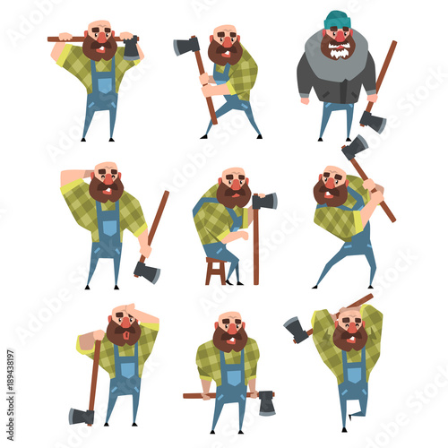 Set of funny bald lumberjack in different poses. Cartoon bearded man with axe. Woodcutter in blue coveralls, hipster plaid shirt, warm jacket, hat. Flat vector design