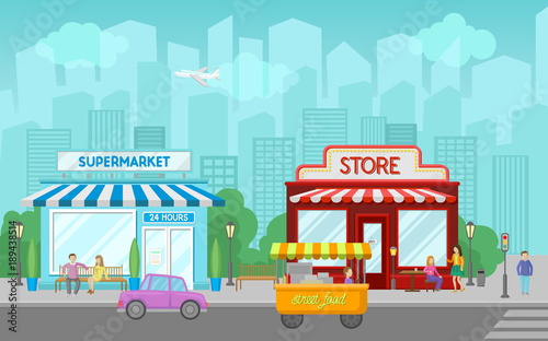 Shops facade, central street with public buildings, urban or village summer landscape vector illustration