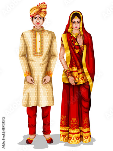 Bihari wedding couple in traditional costume of Bihar, India