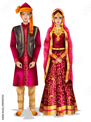 Kashmiri wedding couple in traditional costume of Jammu and Kashmir, India