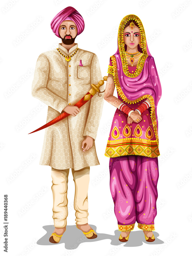 Punjabi wedding couple in traditional costume of Punjab, India Stock ...