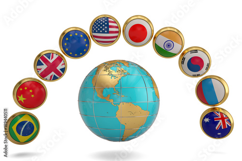 National flag balls and globe on white background 3D illustration.