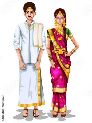 Tamil wedding couple in traditional costume of Tamil Nadu, India