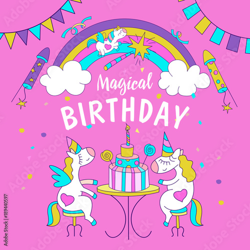 Unicorns. Illustration of happy birthday