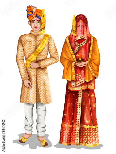 Uttarpradeshi wedding couple in traditional costume of Uttar Pradesh, India