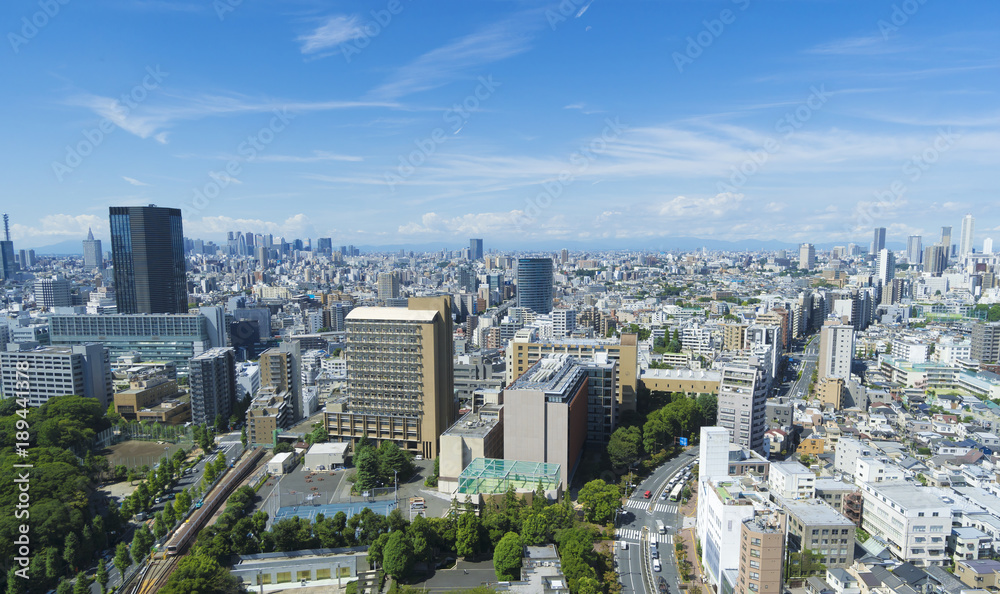 東京風景　ワイド　新宿　池袋　青空と緑