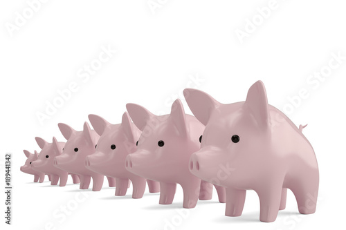 Piggy array on white background 3D illustration.