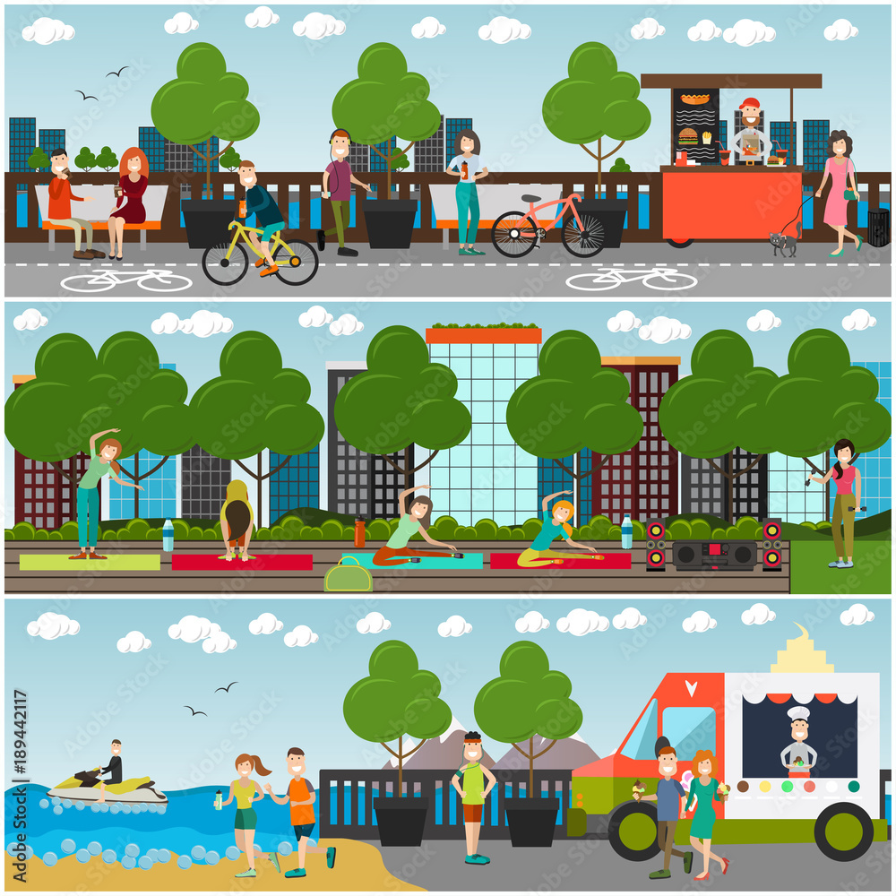 Training outdoors concept vector flat poster set Training outdoors concept vector flat poster set