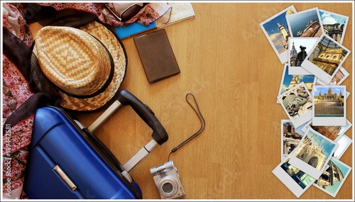 Collage of European landmarks, set of Travel Images. Suitcase and tourist stuff on wooden background