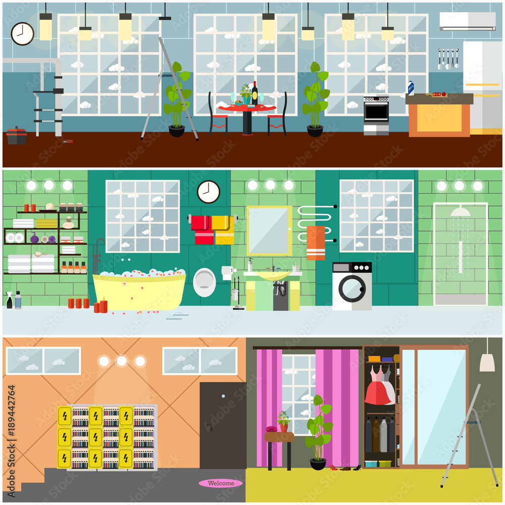 Electrical, plumbing, gas appliance repair services interior vector poster set