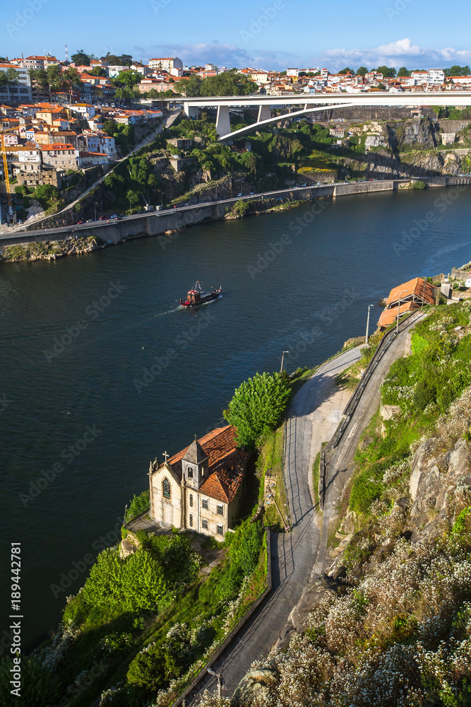 Bird's-eye view of riverside Douro river in Porto, Portugal.