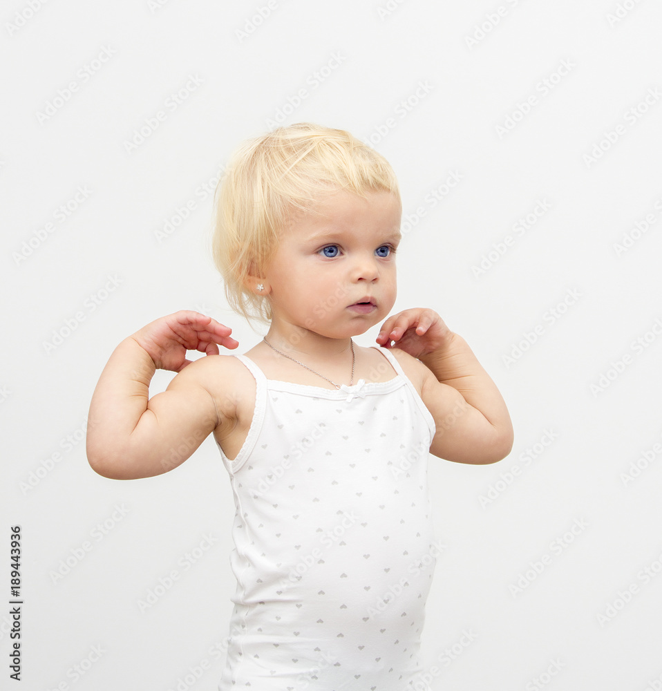 portrait of little baby girl with blond hair on white background portrait of little baby girl with blond hair on white background