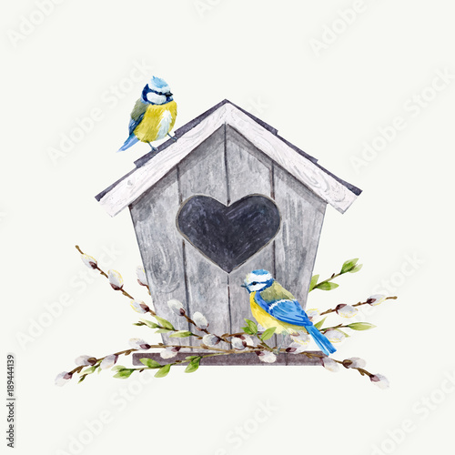 Watercolor vector birdhouse with birds Fototapeta