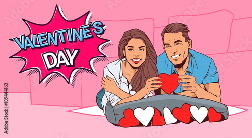 Valentine Dat Retro Poster Design Happy Couple Hold Red Heart Lying On Bed Comic Style Vector Illustration