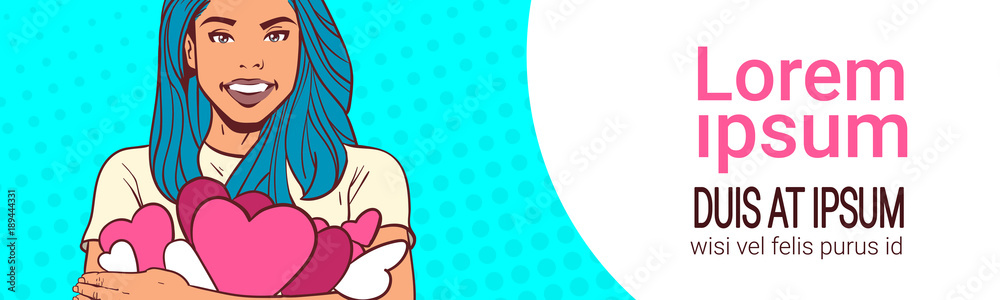 Young Girl Holding Many Hearts Love Symbols Over Comic Pop Art Background Template With Copy Space Valentines Day Concept Vector Illustration Young Girl Holding Many Hearts Love Symbols Over Comic Pop Art Background Template With Copy Space Valentines Day Concept Vector Illustration