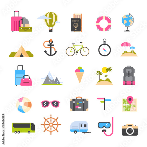 Fototapeta Naklejka Na Ścianę i Meble -  Set Of Icons For Travel And Tourism Active Vacation, Sea Beach Recreation Holiday Concept Flat Vector Illustration