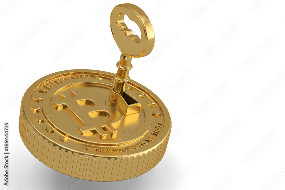 Gold key on bitcoin.3D illustration.