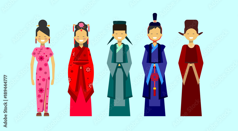 Set Of Asian Costumes, Ethnic People In Traditional Clothing Concept Flat Vector Illustration