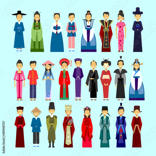 Set Of People In Traditional Asian Clothing, Male And Female National Costumes Collection Concept Flat Vector Illustration