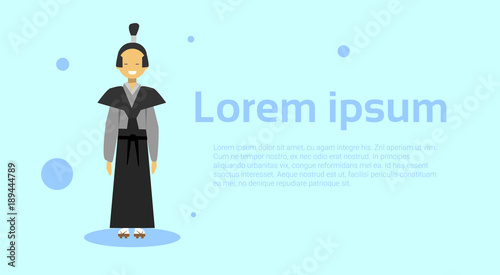 Asian Man Wearing Traditional Korean Costume Over Template Background With Copy Space Flat Vector Illustration