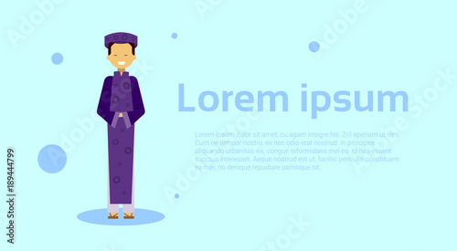 Asian Man In Traditional Thai Clothes Over Template Background With Copy Space Flat Vector Illustration