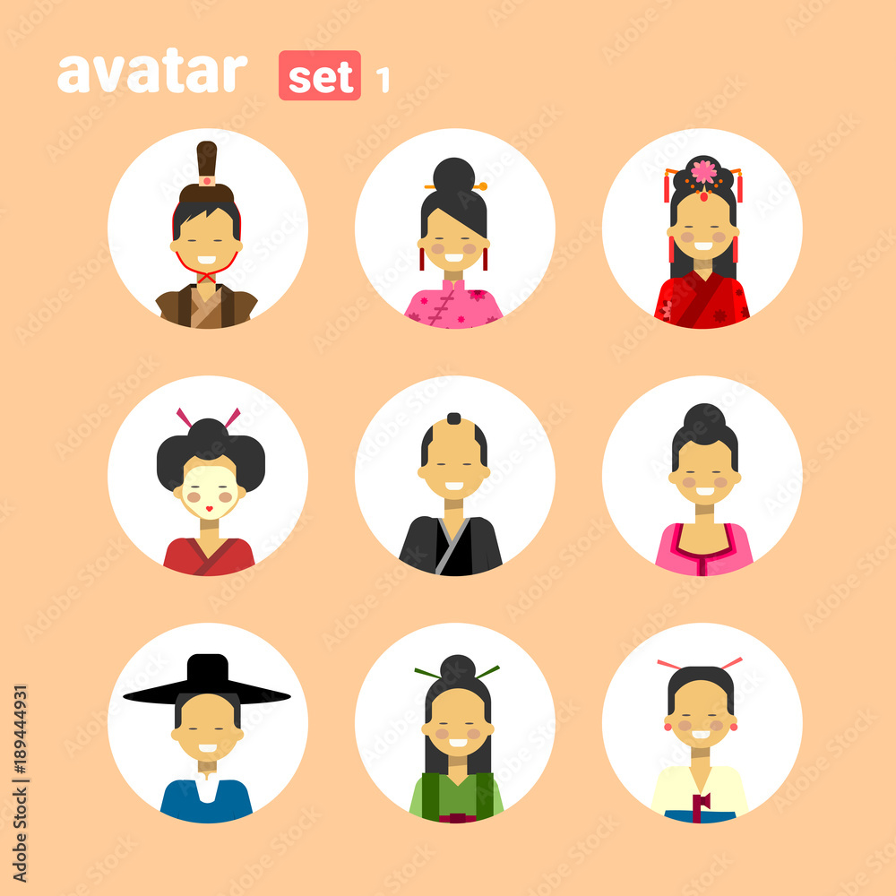 Asian Man And Woman Avatar Set Icon Female Male In Traditional Costume Profile Portrait Collection Flat Vector Illustration Asian Man And Woman Avatar Set Icon Female Male In Traditional Costume Profile Portrait Collection Flat Vector Illustration