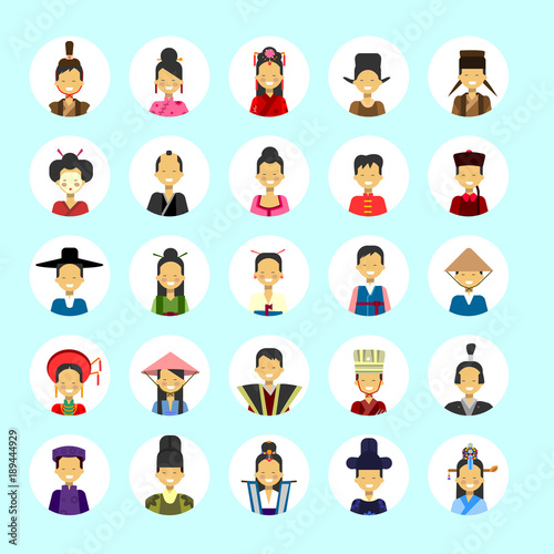 Asian Man And Woman Avatar Set Icon Female Male In Traditional Costume Profile Portrait Collection Flat Vector Illustration
