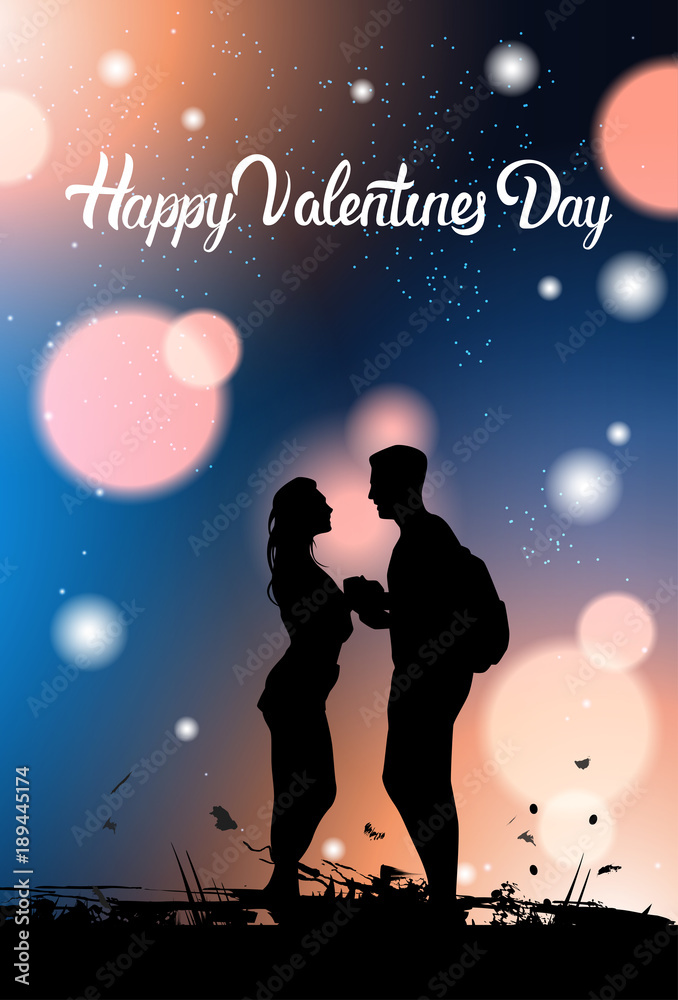Valentines Day Greeting Card Black Couple Silhouette Holding Hands Over Glowing Bokeh Background Vector Illustration