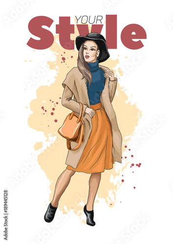 Beautiful young woman in coat and hat. Stylish clothing outfit. Casual style. Fashion model posing. Hand drawn sketch. Fashion vector illustration.